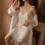 2 Pieces Women's Faux Silk Sleepwear Sets Embroidery Lace Bath Gown