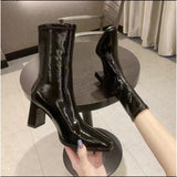 Ankle-High Square Heel  Pointed Toe Shiny PU Leather Boots 24