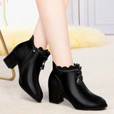 Ankle High Mid Heels, Scalloped Patchwork Black Boots with Zipper Closure 62