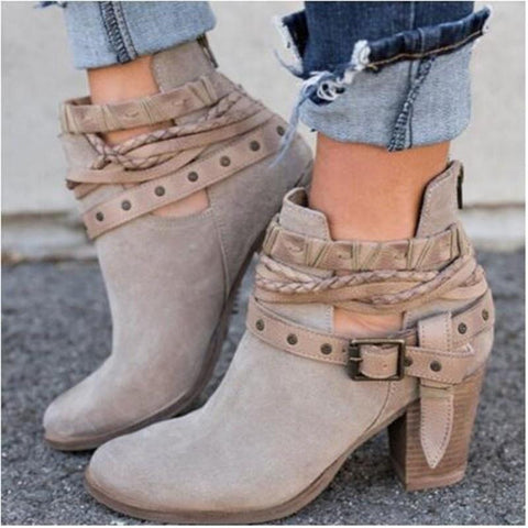 Ankle Strap High Heeled, Zipper Closure Flock Boots with Belt Buckle Strap & Intertwined Ropes 26