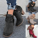 Ankle Strap High Heeled, Zipper Closure Flock Boots with Belt Buckle Strap & Intertwined Ropes 26