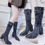 Thick Medium Heel, Pointed Toe, Zipper and Button Closure Plaid Cowboy Denim Boots 84