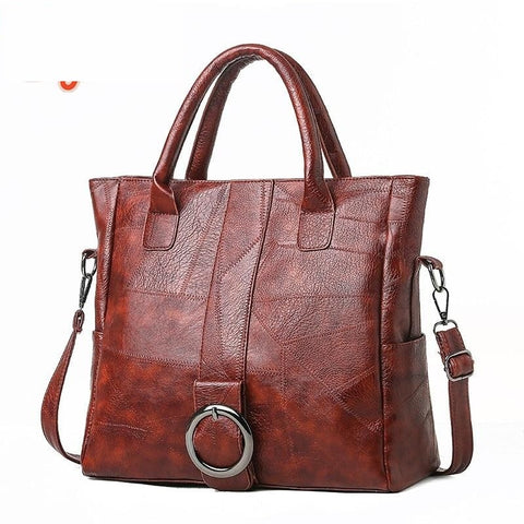 (48) Vintage Handle Bag Women PU Leather Splicing Large Capacity Shoulder Bag for Woman