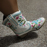 British Women Top Quality PU Leather, Embroidered Flower Pattern & Rivets Slip on Boots 48