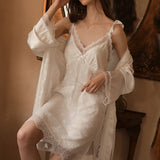 2 Pieces Women's Faux Silk Sleepwear Sets Embroidery Lace Bath Gown