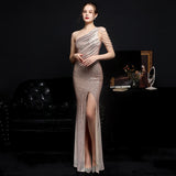 Elegant One Shoulder Slit Gold Sequin Evening Dress 59