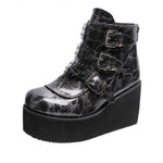 Ankle High, Platform Wedges PU Leather Boots with 3 Buckle Straps 34