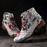 Floral/Insect Painting Motif, PU Leather Splicing Lace-Up Stitching Boots 07