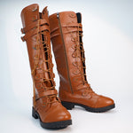 Calf High, Lace Up, Low Heeled Sexy Steampunk PU Leather 3 Retro Belt Straps Boots 63