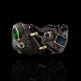 Exaggerated Geometric Black Ring with Green and Blue Cubic Zirconia R69