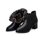 Ankle High Mid Heels, Scalloped Patchwork Black Boots with Zipper Closure 62