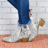 Fashion Dalmatian, Leopard Pattern, Silver & Black, PU Leather Broad Pointed Toe, Zipper Closure Boots 13