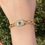 Trendy Cuban Link Chain of Yellow Gold Color, Green & Colorless Cubic Zirconia Stones Bracelet B1