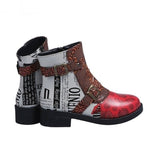 Embossed Floral motif, PU Leather Splicing Low Heel Ankle Boots with Buckle Straps 35