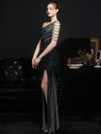 Elegant One Shoulder Slit Gold Sequin Evening Dress 59