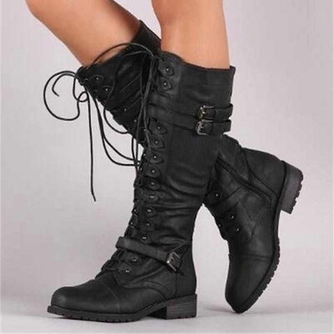 Calf High, Lace Up, Low Heeled Sexy Steampunk PU Leather 3 Retro Belt Straps Boots 63