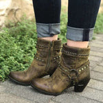 Ankle High, Vintage Block Heels Short PU Leather Boots with Zipper with Rivets 33