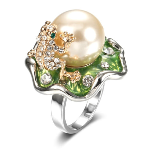 Gold & Silver Color Variations of Fashioned Colored Enamel and Frog with Pearl and Cubic Zirconia Ring R37