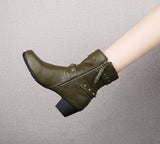 Ankle High, Vintage Block Heels Short PU Leather Boots with Zipper with Rivets 33