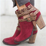 Ankle Strap High Heeled, Zipper Closure Flock Boots with Belt Buckle Strap & Intertwined Ropes 26