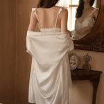 2 Pieces Women's Faux Silk Sleepwear Sets Embroidery Lace Bath Gown