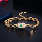 Trendy Cuban Link Chain of Yellow Gold Color, Green & Colorless Cubic Zirconia Stones Bracelet B1