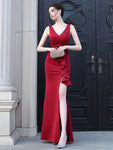 Women Sexy Party Soft Satin V Scoop Slit Evening Maxi Dress 59