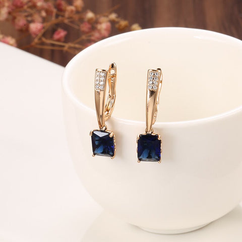 Square Blue and Round Colorless Cubic Zirconia Rose Gold Color Latch Back Earring E38