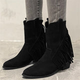 Fashion Fringed Ankle High Low-heeled Pointed Toe Cowboy Knight Flock/PU Leather Boots 85