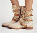 Round Toe, Breathable Mesh & Solid Color Retro Buckles and Zipper Closure PU Leather Boots 29