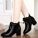 Ankle High Mid Heels, Scalloped Patchwork Black Boots with Zipper Closure 64