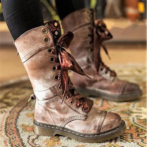 Mid-Calf Flat Vintage Sexy Steampunk PU Leather Retro Boots 16