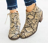 Ankle High Snake, Leopard Style Pattern and Black, Mid Heel Slip-On with Zipper Closure PU Leather or Flock Boots 80