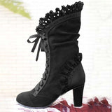 High Heel Faux Suede Lace Up Boots with Ruffles 70