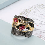 Gun Black Metal Lucky Tree With Red Cubic Zirconia Ring R10