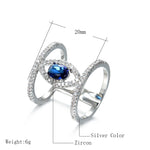 Fancy 2 Rings Silver Colored Bridged By Marquise Shape Silver Color, Oval Blue Cubic Zirconia Ring R36