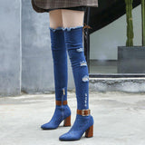 Slim Thigh High Denim Chunky High Heels with Belt Buckle Boots 69