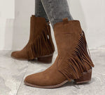 Fashion Fringed Ankle High Low-heeled Pointed Toe Cowboy Knight Flock/PU Leather Boots 85