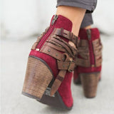 Ankle Strap High Heeled, Zipper Closure Flock Boots with Belt Buckle Strap & Intertwined Ropes 26