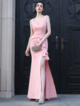 Women Sexy Party Soft Satin V Scoop Slit Evening Maxi Dress 59