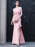 Women Sexy Party Soft Satin V Scoop Slit Evening Maxi Dress 59