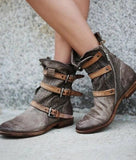 Round Toe, Breathable Mesh & Solid Color Retro Buckles and Zipper Closure PU Leather Boots 29