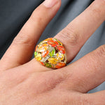 Gold Color Mosaic Enamel Stained Glass look With Cubic Zirconia Ring R35