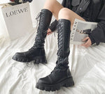 Fashion Lace Up, Long Tube Boots, Platform Black PU Leather Knee High Boots 68