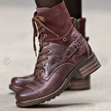 Ankle, Lace Up Motorcycle PU Leather Boots with Buckle 28