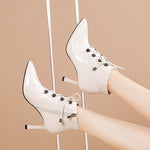 Ankle, Lace Up with Zipper, Thin High Heels Dress Pointed Toe PU Leather Boots 32