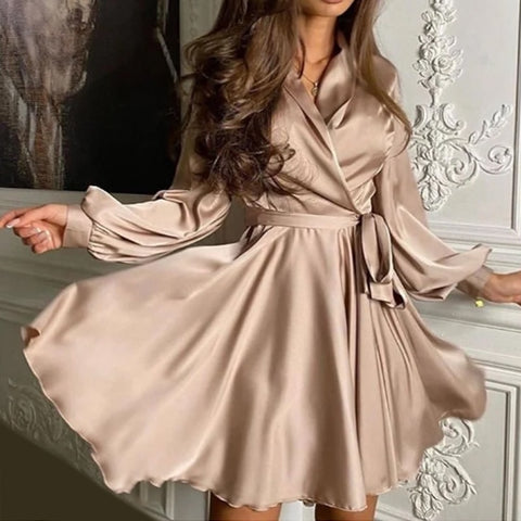 Sexy Satin Sashes Lantern Sleeve A Line Dress  68