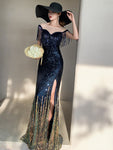 Formal Cocktail Tassels Side Split, Floor Length Shinning Sequined Dress 61