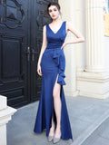 Women Sexy Party Soft Satin V Scoop Slit Evening Maxi Dress 59