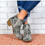 Fashion Dalmatian, Leopard Pattern, Silver & Black, PU Leather Broad Pointed Toe, Zipper Closure Boots 13